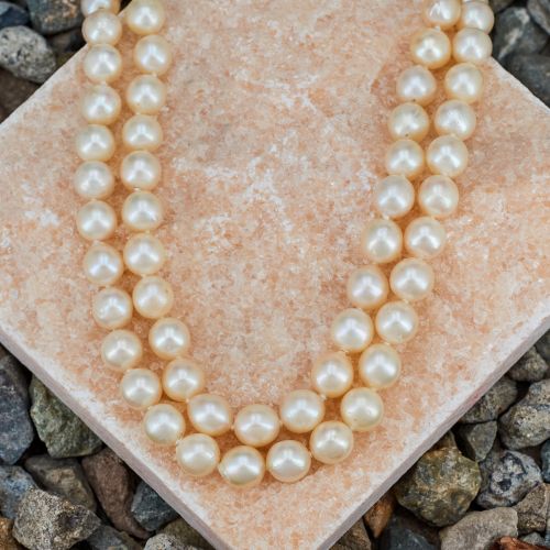 Double Strand Akoya Pearl Necklace w/ Turquoise Clasp 14K Yellow Gold