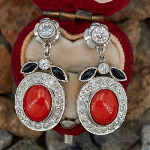 Vintage Coral & Onyx Dangle Earrings w/ Diamond Accents Platinum