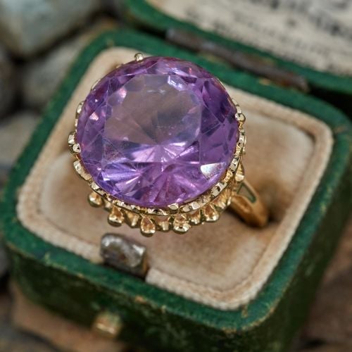 Lovely Round Cut Amethyst Cocktail Ring 14K Yellow Gold