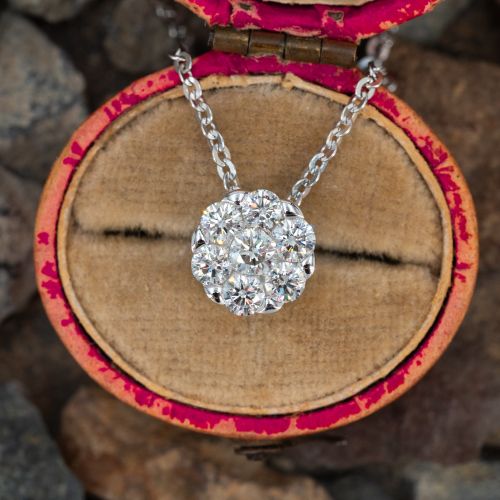 Diamond Cluster Pendant Necklace 14K White Gold 