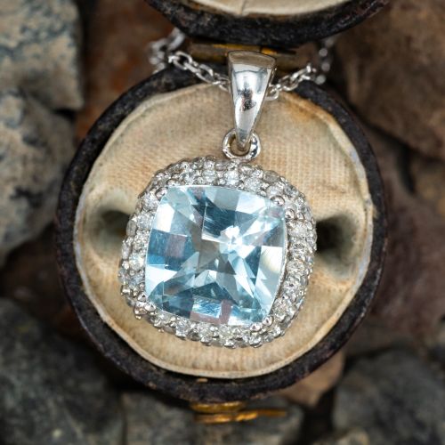 Cushion Aquamarine & Diamond Halo Pendant Necklace 14K White Gold 