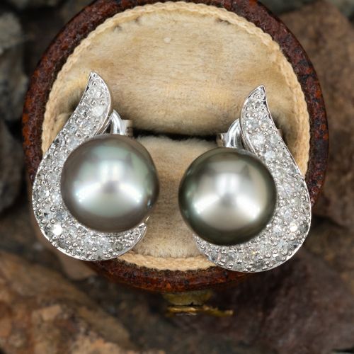 Tahitian Pearl & Diamond Drop Earrings 14K White Gold
