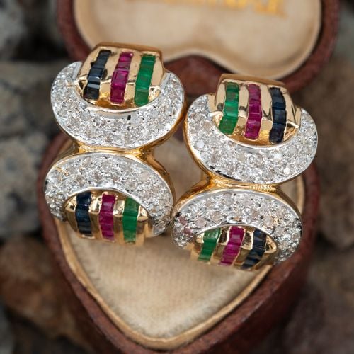 Buckle Motif Sapphire Ruby Emerald Earrings 14K Yellow Gold 