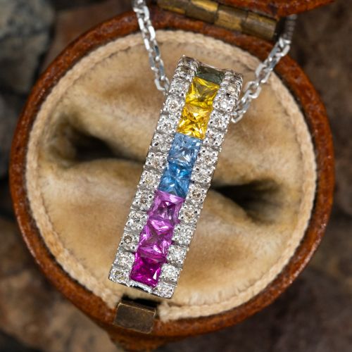 Rainbow Sapphire Enhancer Pendant Necklace 14K White Gold 