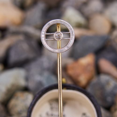 Antique Platinum Topped Diamond Circle Stick Pin 14K Yellow Gold