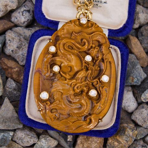 Carved Dragon Tigers Eye & Diamond Pendant Necklace 18K Yellow Gold