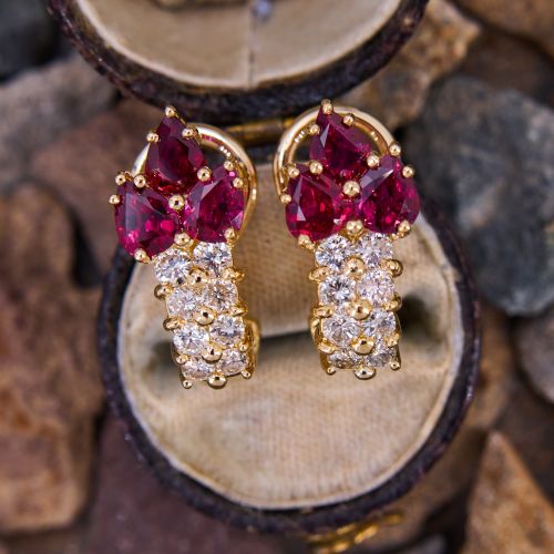 Pear Ruby & Diamond Earrings 18K Yellow Gold