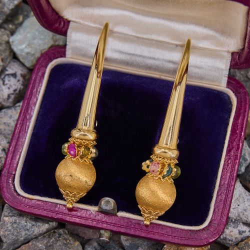 Etruscan Style Tourmaline Rondelle Bead Earrings 18K Yellow Gold