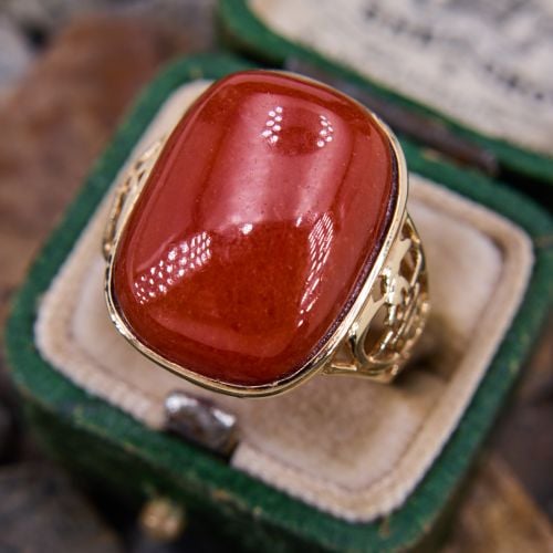 Chinese Character Red Jade Ring 14K Yellow Gold