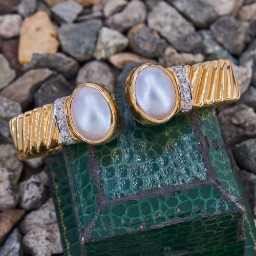 Fluted Design Mabé Pearl Cuff Bracelet 14K Yellow Gold 