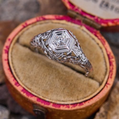 Floral Filigree Transitional Cut Diamond Engagement Ring .07ct J/VS2