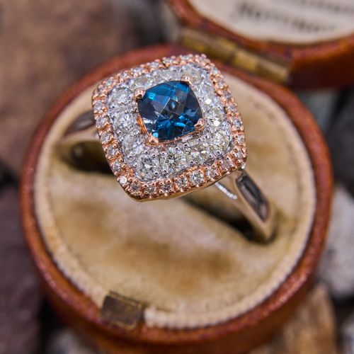 London Blue Topaz Double Diamond Halo Ring 14K White Gold