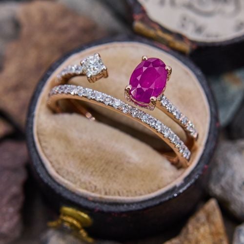 Kalatti Ruby & Diamond Split Shank Ring 14K Rose Gold