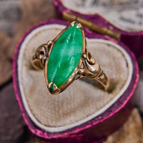 Marquise Cabochon Jade Ring 14K Yellow Gold 