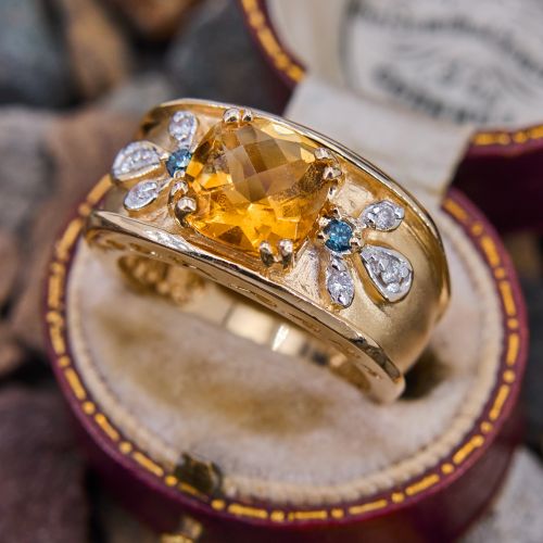 Matte Finish Citrine Ring w/ Diamond Accents 14K Yellow Gold, Size 7