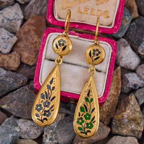 Vintage Enamel Dangle Earrings 15K Yellow Gold