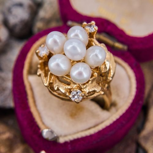 Vintage Pearl Cluster Ring w/ Diamond Accents 14K Yellow Gold
