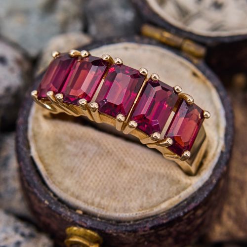 Five Stone Emerald Cut Garnet Ring 14K Yellow Gold