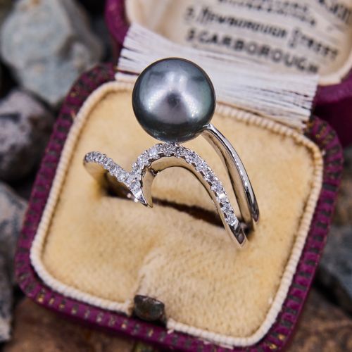 Tahitian Pearl & Diamond Swirl Ring 14K White Gold