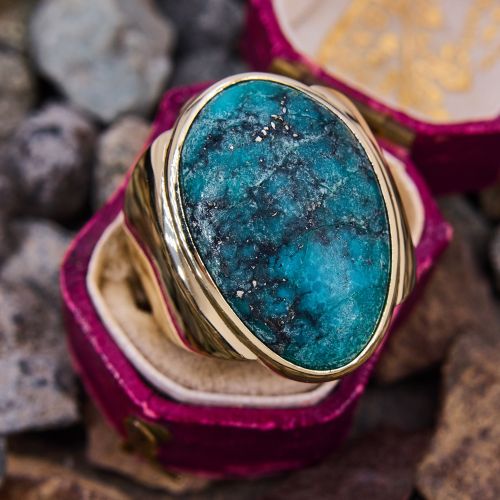 Large Vintage Turquoise Cabochon Wide Band Ring 14K Yellow Gold
