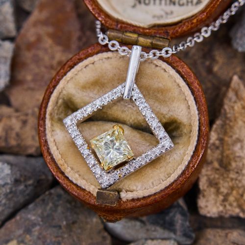 Fancy Yellow Princess Diamond Pendant Necklace 18K White & Yellow Gold