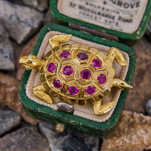 Charming French Ruby Turtle Brooch Pin 18K Yellow Gold