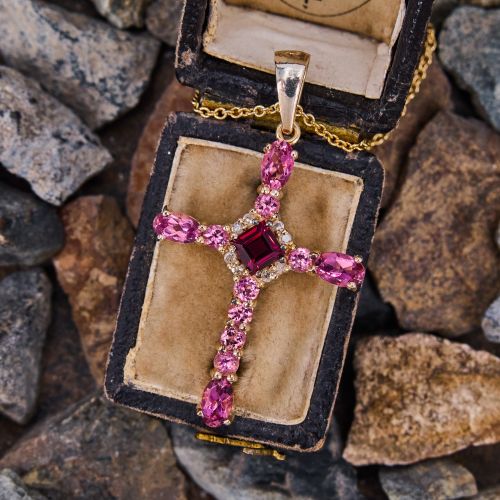 Garnet & Pink Tourmaline Cross Pendant Necklace 14K Yellow Gold