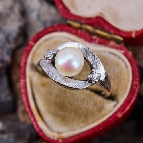 Vintage Pearl Diamond Ring 14K White Gold