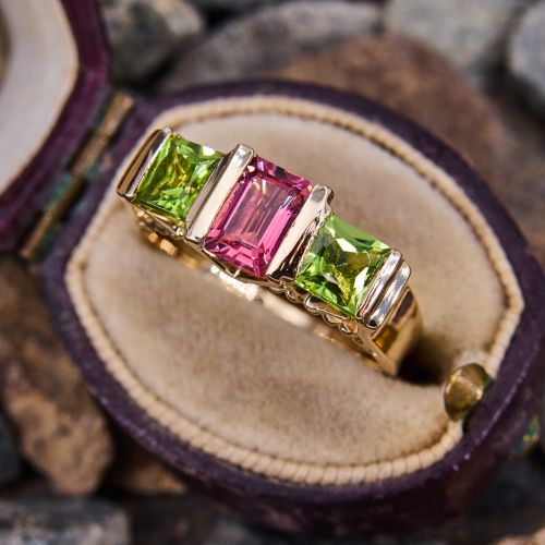 Dark Pink Emerald Cut Tourmaline & Peridot Ring 14K Yellow Gold
