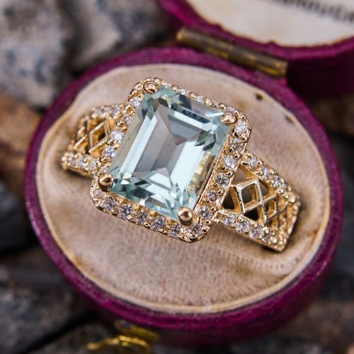 Emerald Cut Prasiolite & Diamond Halo Ring 14K Yellow Gold