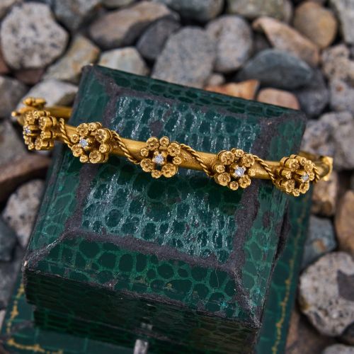 Vintage Floret Diamond Station Bangle Bracelet 14K Yellow Gold