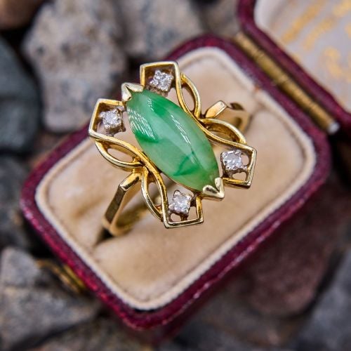 Vintage Marquise Cabochon Jade & Diamond Ring 14K Yellow Gold