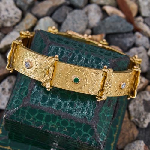 Heavy Vintage Emerald & Diamond Engraved Bracelet 18K Yellow Gold