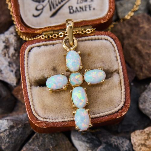 Lovely Lab Opal Cross Pendant Necklace 14K Yellow Gold