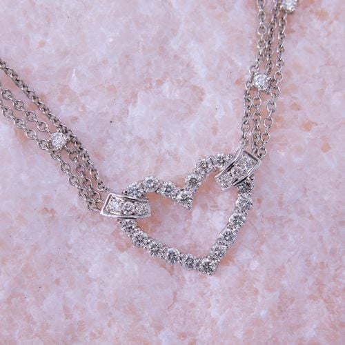 Modern Multi Chain Diamond Heart Pendant Necklace 18K White Gold 