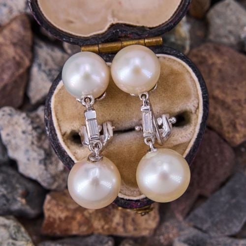 Large Akoya Pearl Clip-On Dangle Earrings 14K White Gold 