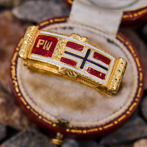 Mens Thai Made Enamel Norwegian Flag Ring 21K Yellow Gold, Size 8.25