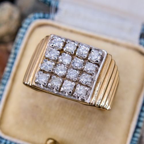 Two Tone 1 Carat Mens Vintage Diamond Cluster Ring 14K Gold
