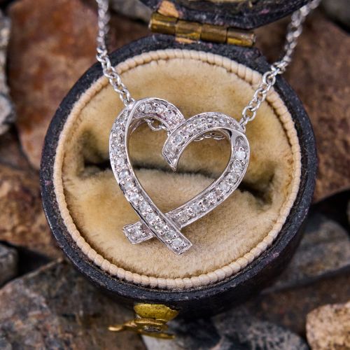 Ribbon Motif Diamond Heart Pendant Necklace 14K White Gold