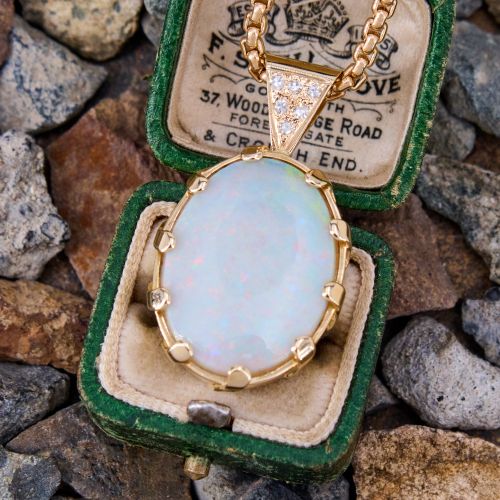 Large Opal & Diamond Pendant Necklace 14K Yellow Gold 