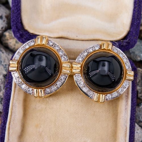 Vintage Onyx & Diamond Earrings 14K Yellow Gold