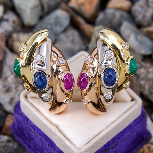 Tri Color Emerald Ruby & Sapphire Clip On Earrings 18K Gold