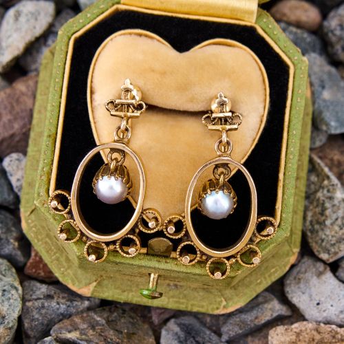 Antique Pearl Dangle Screw On Earrings 14K Yellow Gold