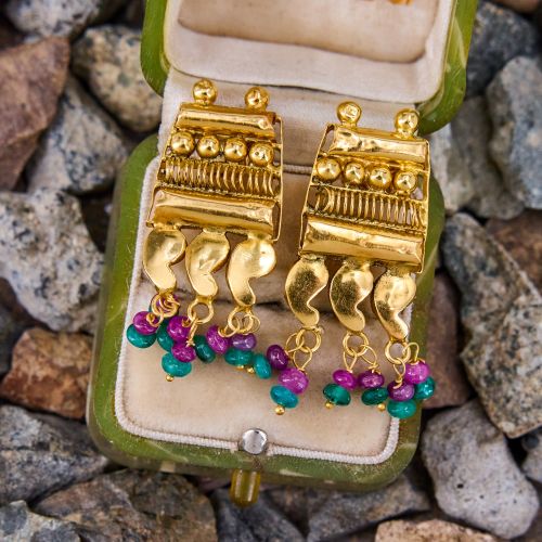Handmade East Indian Emerald & Ruby Earrings 22K/ 18K Yellow Gold