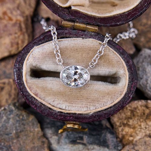 East to West Set Oval Diamond Solitaire Necklace 14K White Gold