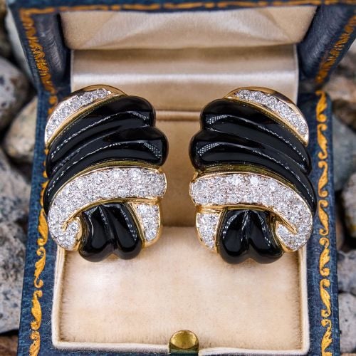 Carved Black Onyx & Diamond Earrings 18K Yellow Gold