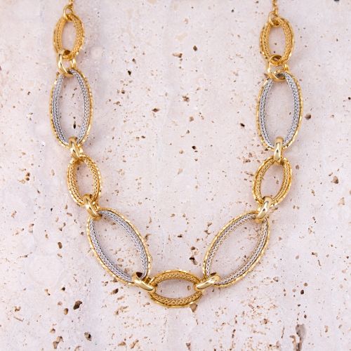 Textured Oval Link Necklace 14K Yellow & White Gold 