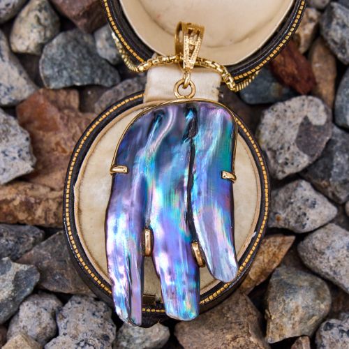 Large Freeform Abalone Pearl Pendant Necklace 14K Yellow Gold 
