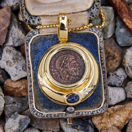 Roman Coin & Sapphire Enhancer Pendant Necklace 18K/ 14K Yellow Gold 