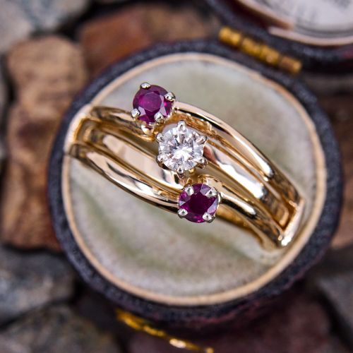 Bypass Diamond Engagement Ring w/ Ruby Ring Guard 14K Yellow Gold .18Ct I/SI2